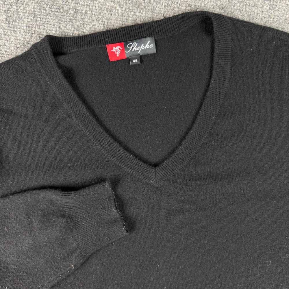 Shephe V-Neck Sweater Size 48 Black 100% Cashmere Knit Pullover Luxury Flaw Mens